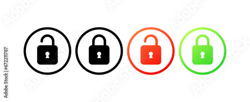 Open and closed locks icons. Different styles, color, circle lock, closed and open lock. Vector icons