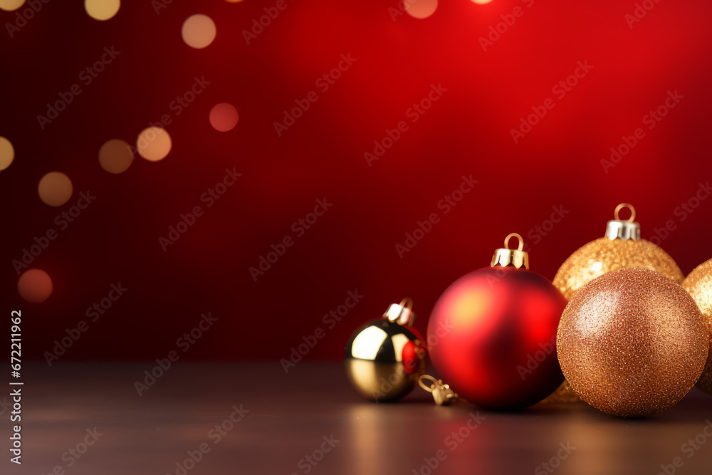 Red Christmas background with golden Christmas baubles Red Christmas background with golden Christmas baubles