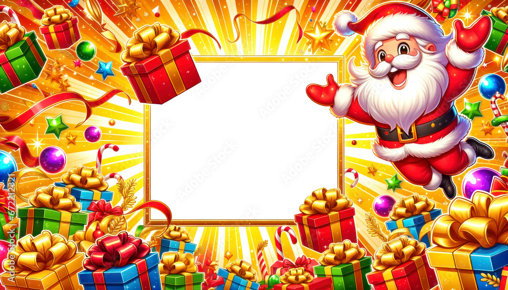 Christmas isolated frame background. Santa Claus waving from the right corner, surrounded by bright presents, against a yellow and orange starburst background. Christmas Png. Christmas isolated frame background. Santa Claus waving from the right corner, surrounded by bright presents, against a yellow and orange starburst background. Christmas Png.