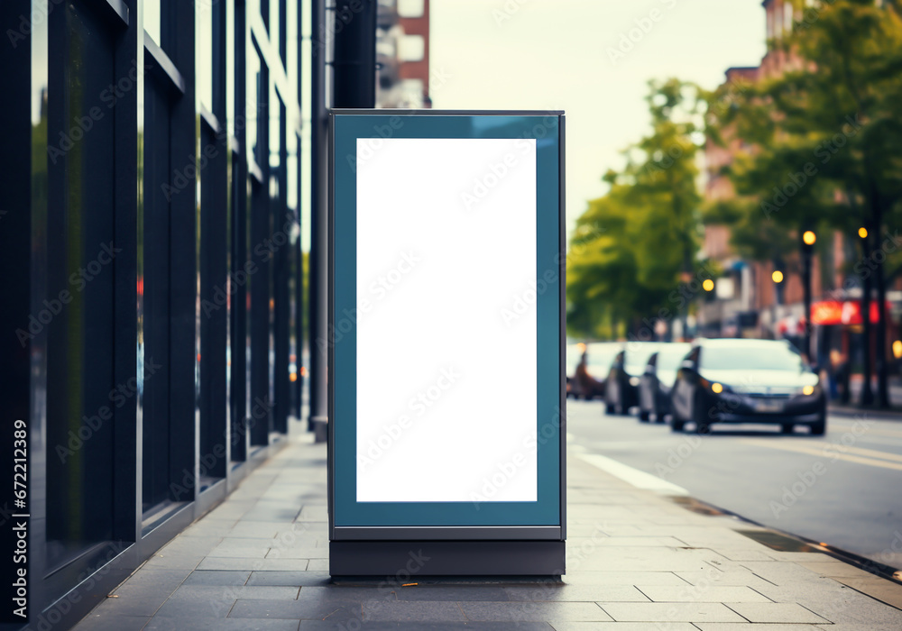 Vertical white billboard on city street. Mockup. AI generative Vertical white billboard on city street. Mockup. AI generative