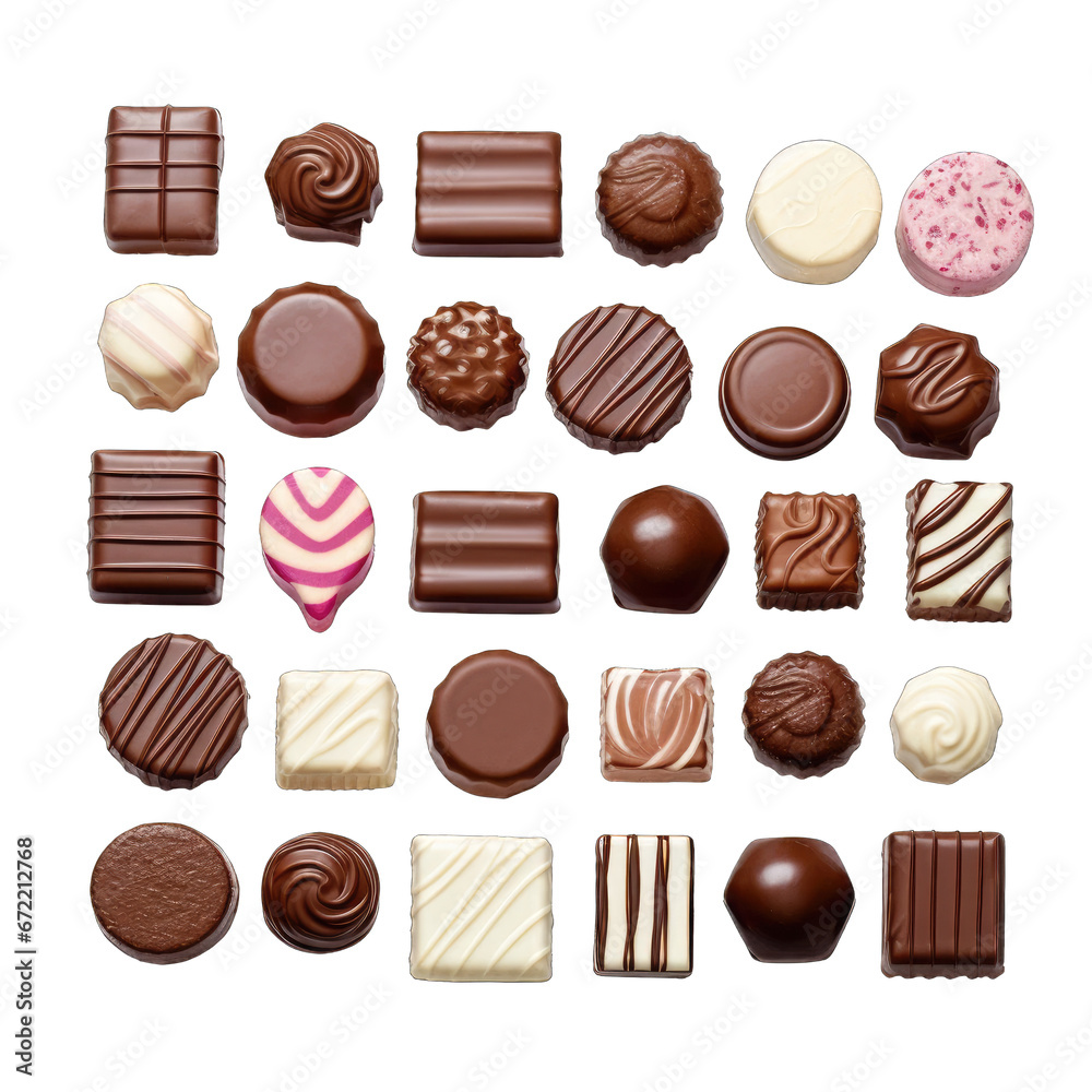 Top view of various chocolate pralines isolated on transparent background