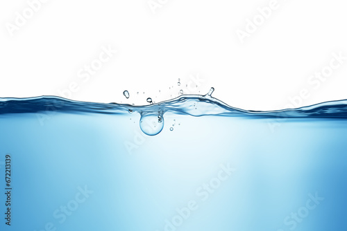 Blue water with bubble falling down on a white background.