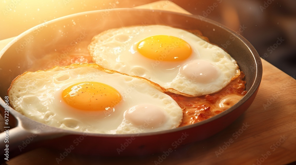 Pan with sizzling yummy fried eggs and melting butter bathed in sunlight filling air with delightful breakfast aroma, creating cozy and homely ambiance, perfect delicious breakfast Pan with sizzling yummy fried eggs and melting butter bathed in sunlight filling air with delightful breakfast aroma, creating cozy and homely ambiance, perfect delicious breakfast