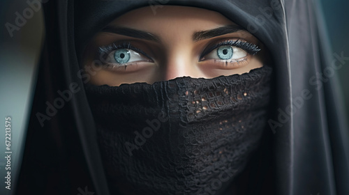 Portrait of black hijab girl with niqab covering her face, piercing gaze and expressive eyes, close up view, muslim woman portrait with mesmerizing atmosphere exudes mystery and depth