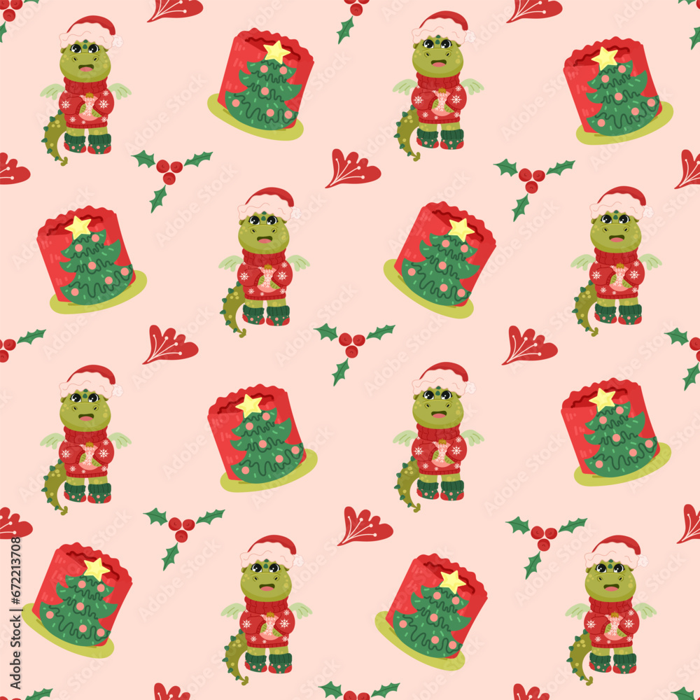 Christmas and Happy New Year seamless pattern with Christmas toys, gifts and sweets. Trendy retro style. 