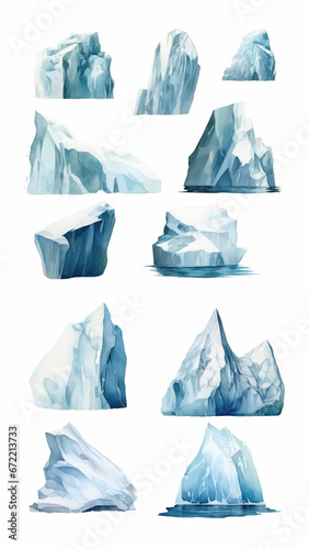 Icebergs set. Watercolor hand drawn illustration. Generative AI. © Alice