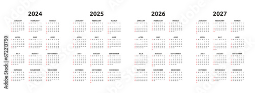 Calendar 2024, 2025, 2026, 2027 years, black letters on white background, sundays marked red, years side by side