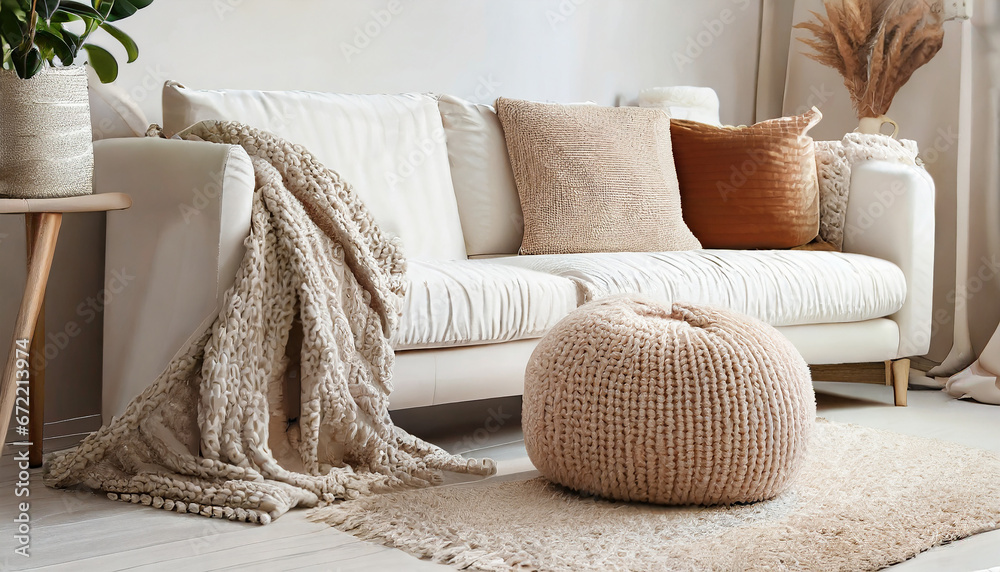 Knitted pouf near white fabric sofa with blanket and terra cotta pillows Scandinavian hygge style home interior design of modern - obrazy, fototapety, plakaty 