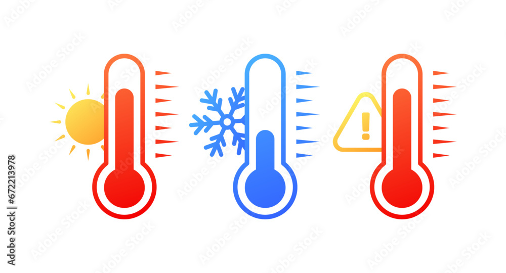 Weather thermometer icons. Flat, color, sunny weather, frost, weather thermometer. Vector icons - obrazy, fototapety, plakaty 