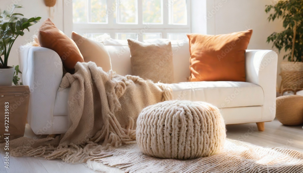 Obraz na płótnie Knitted pouf near white fabric sofa with blanket and terra cotta pillows Scandinavian hygge style home interior design of modern w salonie