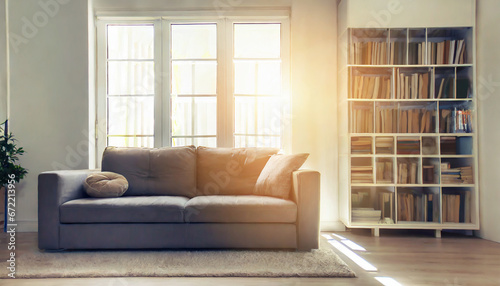 Grey sofa against window and book shelving unit. Scandinavian home interior design of modern living room © Martin