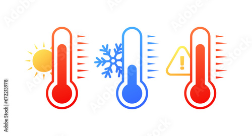 Weather thermometer icons. Flat, color, sunny weather, frost, weather thermometer. Vector icons photo