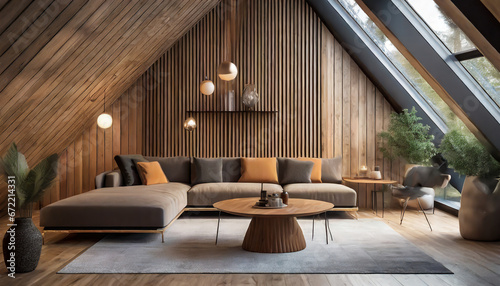 Sofa and round coffee table against wooden paneling wall with shelves. Scandinavian home interior design of modern living room in attic.