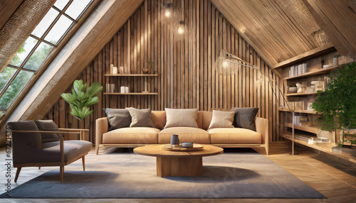 Sofa and round coffee table against wooden paneling wall with shelves Scandinavian home interior design of modern living room in