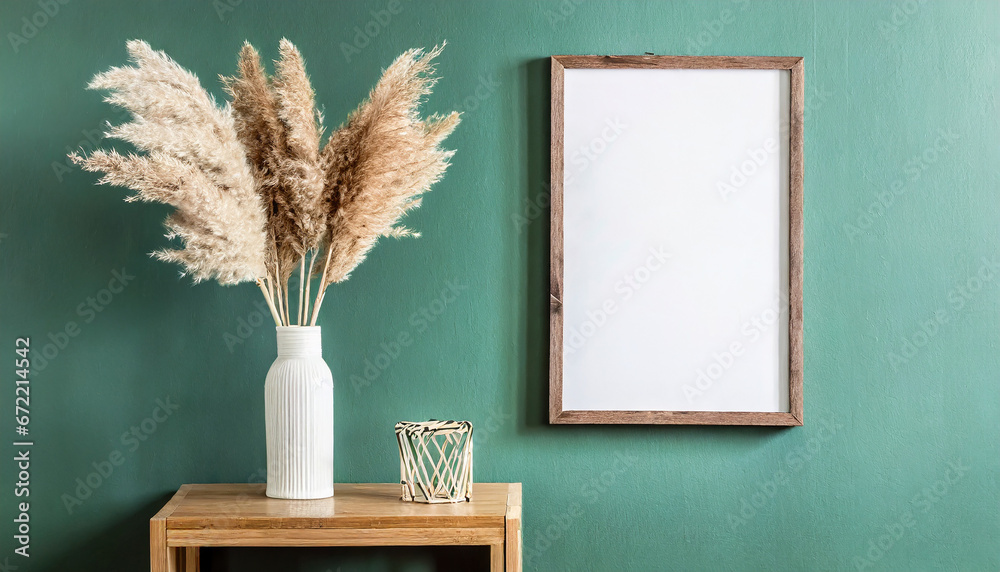 Wood side table, vase with pampas grass twigs near blank mockup poster frame with copy space against green wall. Scandinavian home interior design of modern living room Wood side table, vase with pampas grass twigs near blank mockup poster frame with copy space against green wall. Scandinavian home interior design of modern living room