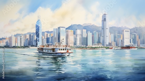 watercolor painting of HongKong skyline and ferry boat.