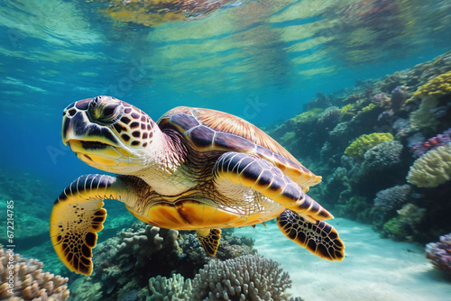 green sea turtle swimming. Sea turtle swimming in the ocean coral reef. Underwater world. © choi