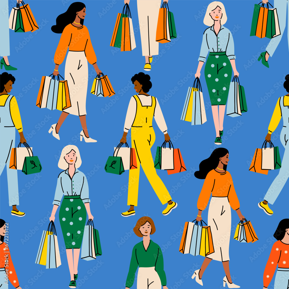 Young women with Shopping bags seamless pattern