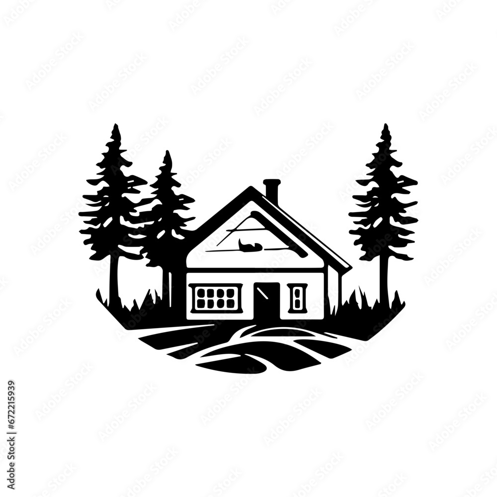 Fototapeta premium Forest house Illustration Clip Art Design Shape. Forest House Silhouette Icon Vector.
