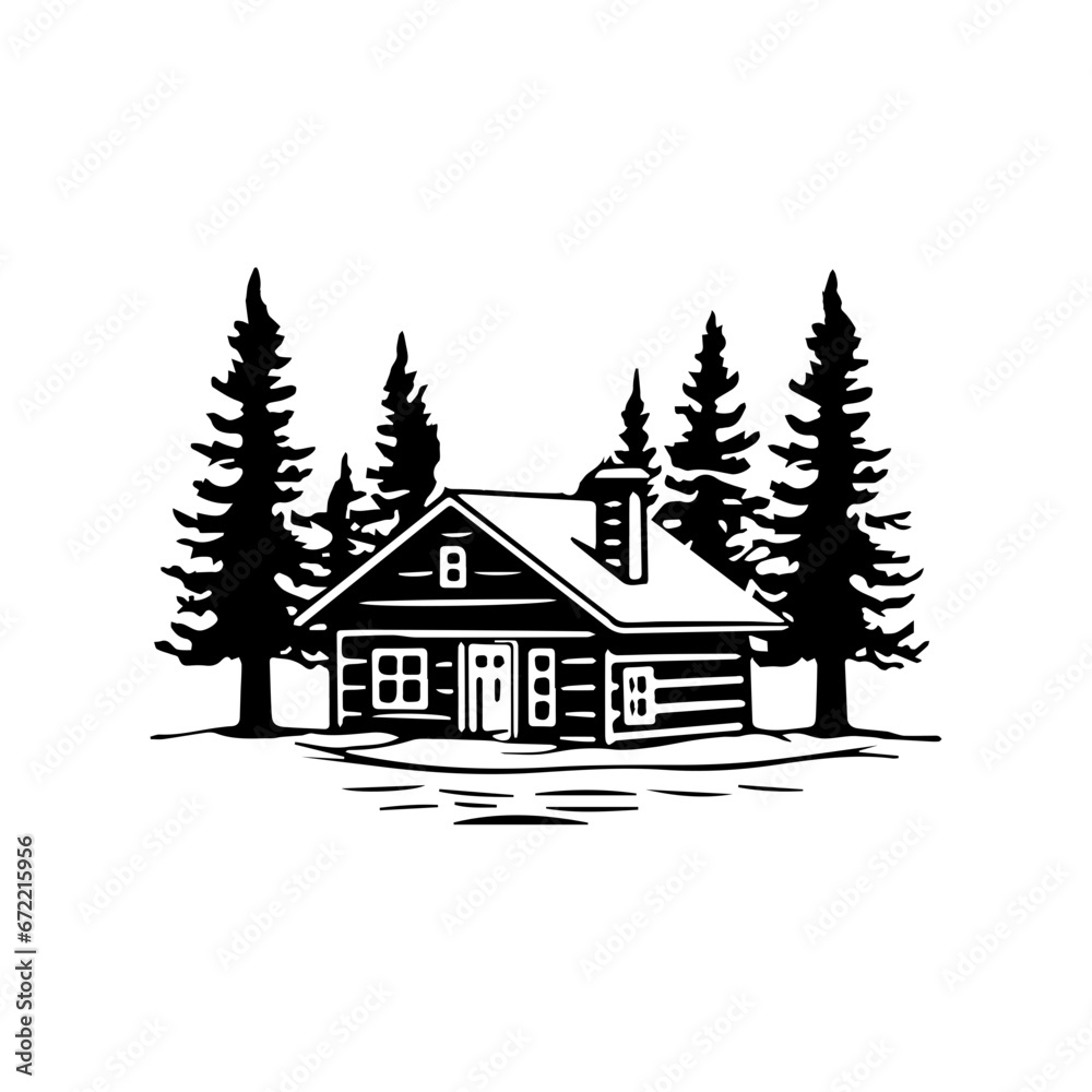 Forest house Illustration Clip Art Design Shape. Forest House Silhouette Icon Vector.