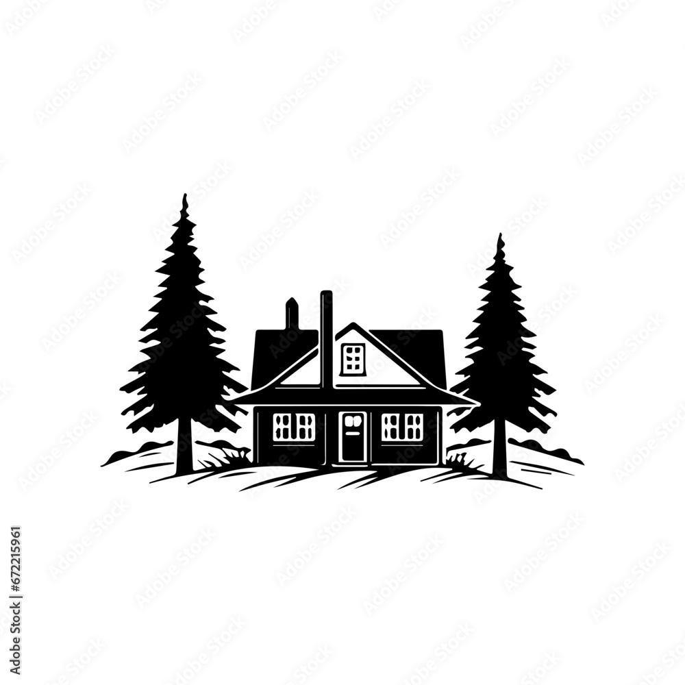 Fototapeta premium Forest house Illustration Clip Art Design Shape. Forest House Silhouette Icon Vector.