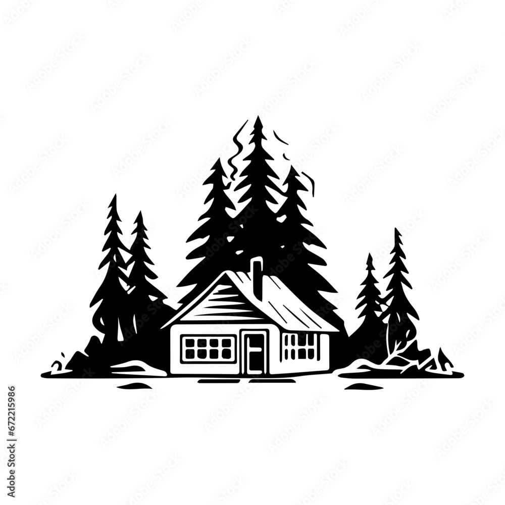Fototapeta premium Forest house Illustration Clip Art Design Shape. Forest House Silhouette Icon Vector.