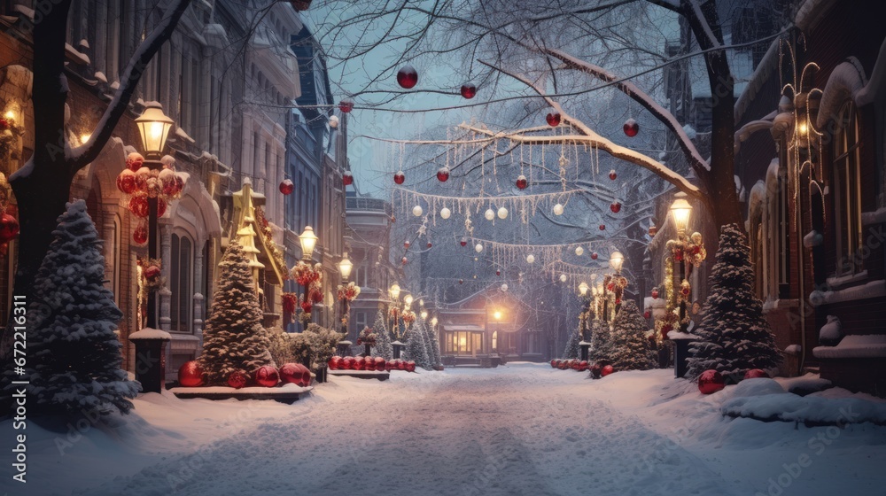 Beautiful Christmas lighting in small town building with snow. Beautiful Christmas lighting in small town building with snow.