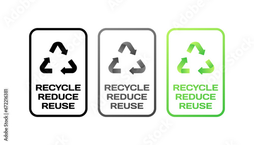 Recycle, reduce, reuse signs. Different styles, green, biodegradation icons, recycle, reduce, reuse signs. Vector icons