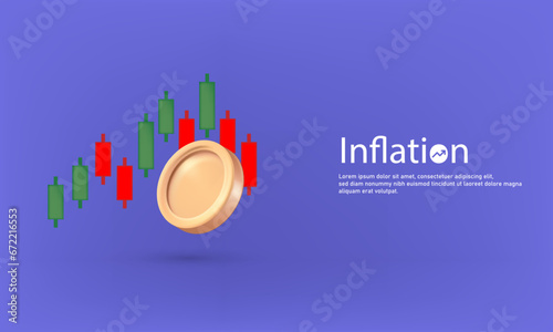 3D Inflation is rising and risks for stock market investors. Arrow with coins and the candlestick indicator