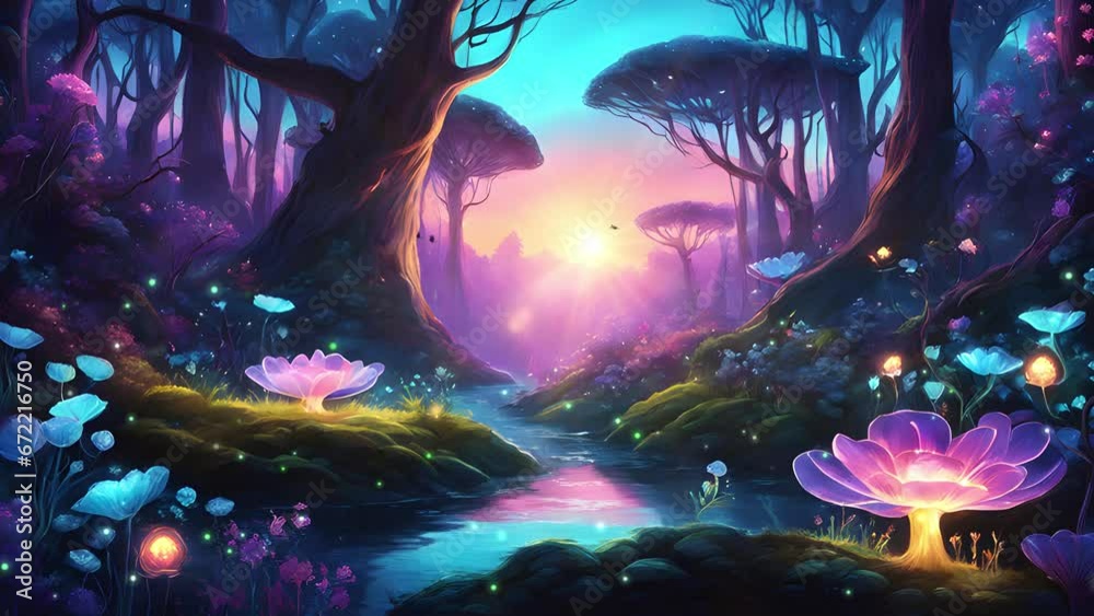 Fairytale Enchanted Forest with Glowing Mushrooms and Fireflies, Mist ...