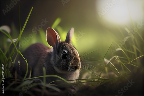 cute little rabbit on the grass. Generative AI.