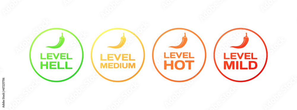 Fototapeta premium Level icons. Flat, color, hot pepper icons, level hell, medium, hot, mild. Vector icons