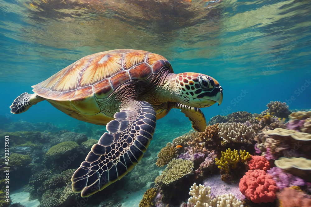 Sea turtle swimming in the ocean coral reef. Underwater world. Sea turtle swimming in the ocean coral reef. Underwater world.