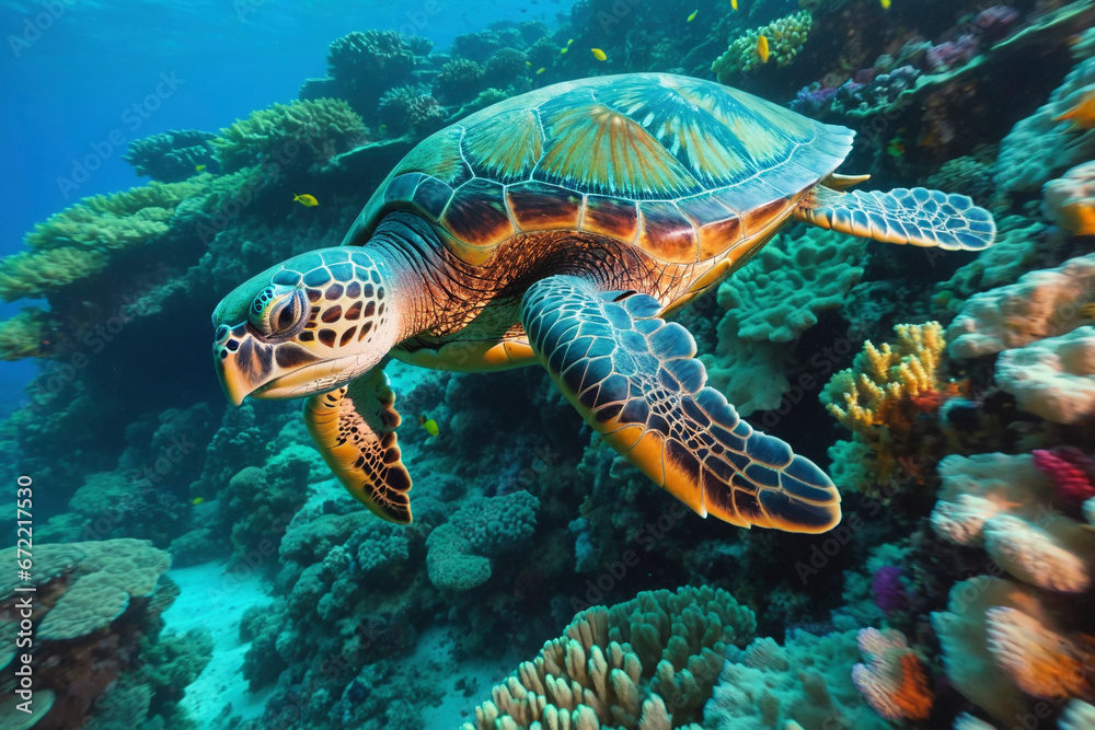 Sea turtle swimming in the ocean coral reef. Underwater world.