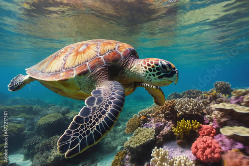 Sea turtle swimming in the ocean coral reef. Underwater world.