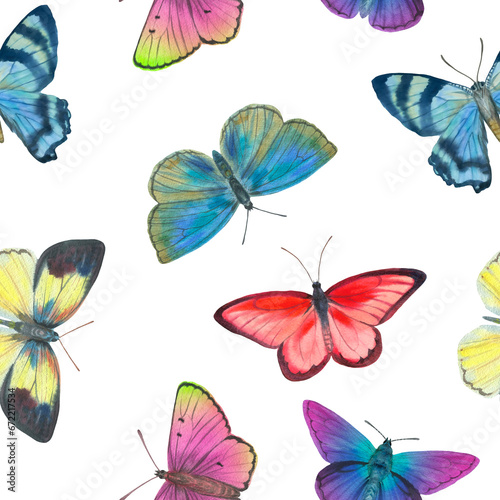 seamless botanical pattern  watercolor butterflies on a white background