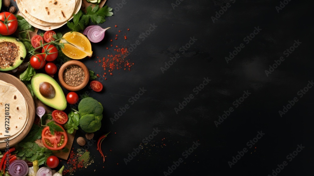 Mexican tortilla,pita stuffing, meat and vegetables, banner with black place for text