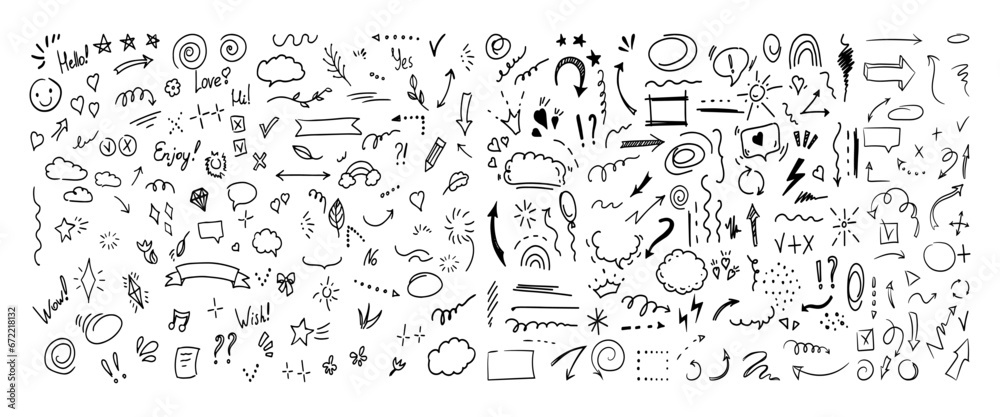 Simple sketch line style elements. Doodle cute ink pen line elements isolated on white background. Doodle arrow, heart, star, decoration symbol, icon set. Vector illustration. - obrazy, fototapety, plakaty 