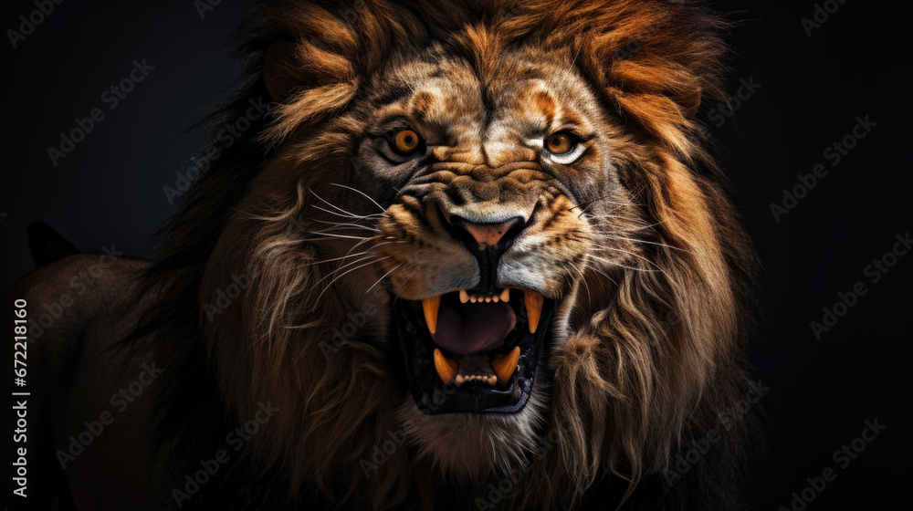 Majestic Golden Lion Roaring in the Dark, King of the Jungle and Predator, Wildlife Photography