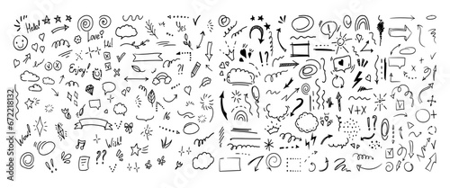 Simple sketch line style elements. Doodle cute ink pen line elements isolated on white background. Doodle arrow, heart, star, decoration symbol, icon set. Vector illustration.