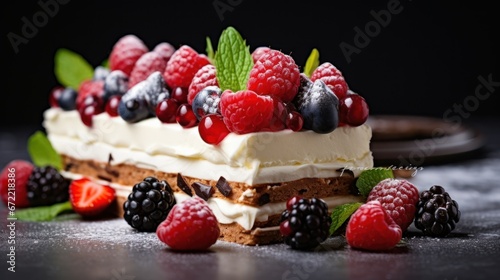 Sweet pastries with berries. A varied assortment of confectionery products. Mousse cake with sponge cake and cream at the black background