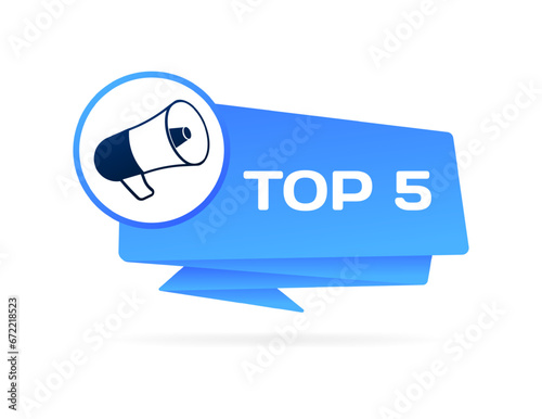 Top 5 sign. Flat, blue, horn icon, top 5 sign. Vector icon