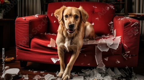 The nasty dog ​​chewed up the furniture and decor in the house. Naughty dog ​​in the apartment. Raising an animal with a problematic character