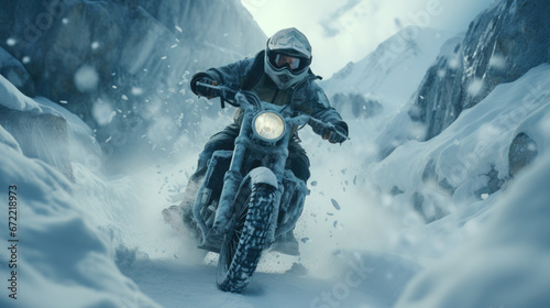 Thrilling adventure of a motorbike rider racing in snow-covered mountainous terrain
