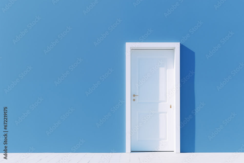 Minimalist White Door in a Blue-Walled Space Minimalist White Door in a Blue-Walled Space