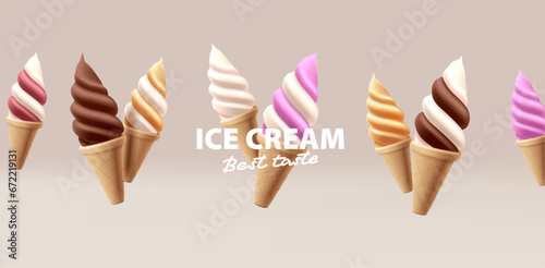 ice cream banner with 3d icons of softserve twisted ice cream in waffle cones