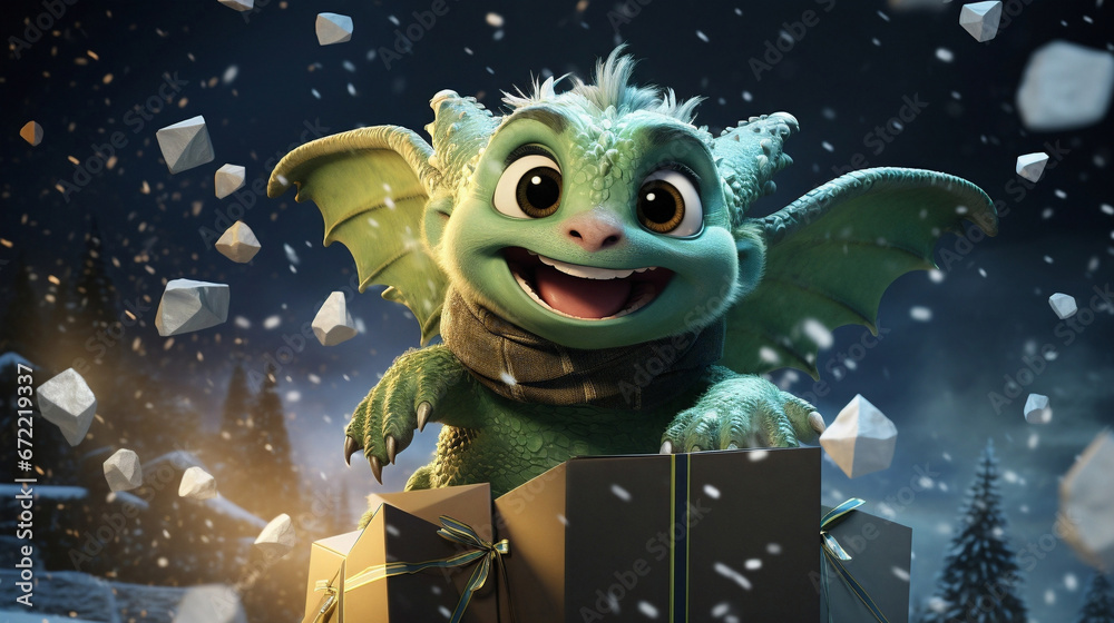 Obraz premium Cute cartoon style; The outer space sky is dotted with planets and stars, a huge green dragon flies at high speed across the sky