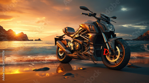 Motorcycle Adventure on Indian Beach at Sunrise, Scenic Travel Destination and Journey