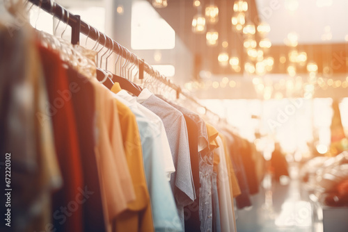 Abstract blur background. Luxury second hand clothing shop, elegant charity shop or thrift store, which sell second hand, used clothing, accessories, books and household goods photo
