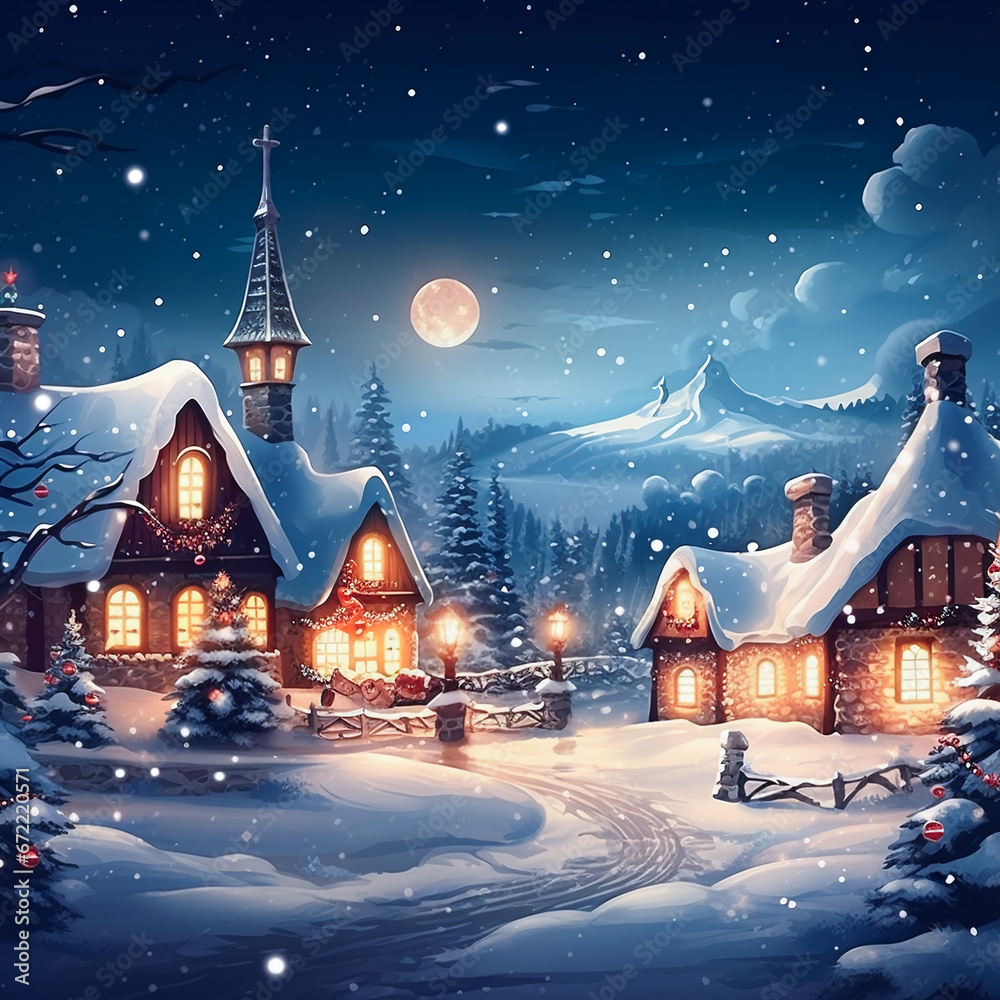 Cartoon illustration of snow covered village with houses and trees. AI Generative Cartoon illustration of snow covered village with houses and trees. AI Generative